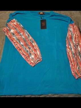 Lucky & Blessed Teal Long-Sleeve Top with Sequin-Striped Sleeves